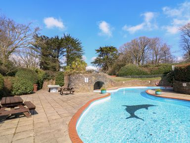 An outdoor swimming pool with dolphin design and stone wall with picnic tables at Millers Loft in Modbury