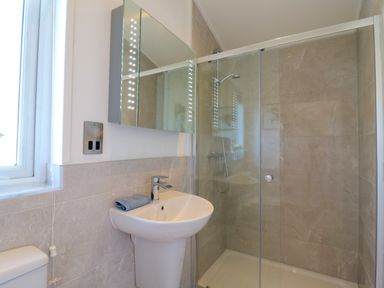 A bathroom with a pedestal sink a mounted mirror cabinet and a glass enclosed shower at Number 43 The Poplars in Burnham Market