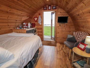 A small wooden room with a bed a kitchenette a chair a table a lamp and a door opening to grass at River View Pod near Muff County Donegal