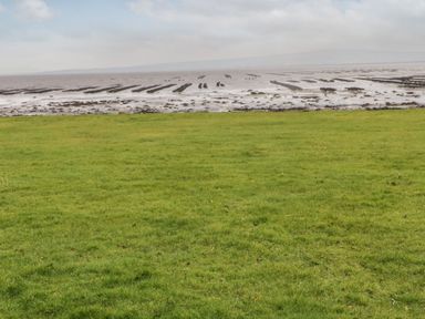 A grassy field with rows of wooden posts in the water beyond near Muff County Donegal