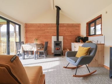 A dining area with table and chairs a wood burning stove and a rocking chair in a room with patterned floor tiles at Beech Tree Cabin in Goodmanham near Market Weighton