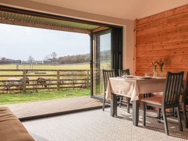 A dining area with a table and four chairs next to open glass doors overlooking a grassy field with animals at Beech Tree Cabin Goodmanham near Market Weighton