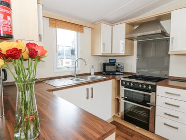 A kitchen with wooden countertops a double sink a stove microwave and a vase with flowers at 21 Bay View in Maenygroes near New Quay Ceredigion