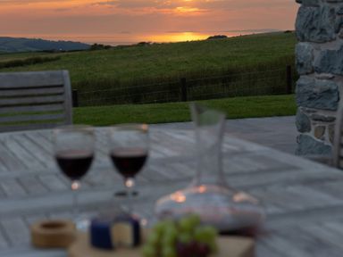 An outdoor dining setup with wine and cheese at Golygfa Cwrt near Bontgoch and Penrhyncoch
