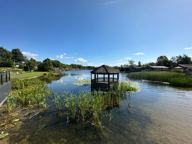 A lake with a wooden gazebo in the water surrounded by reeds and houses in the background at Lakeside 18 in Carnforth