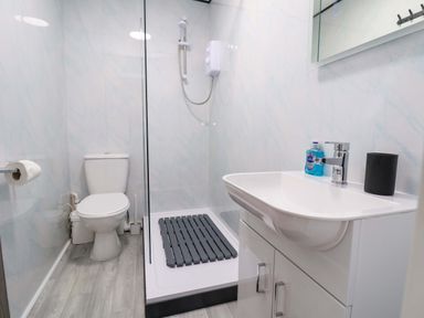 A bathroom with a toilet, shower, and sink at 4 Willow Grove - Freehold Talacre