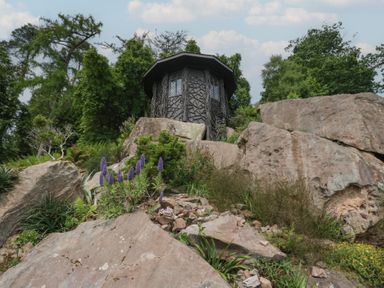 A house surrounded by rocks and plants at Shore Lodge in Brodick