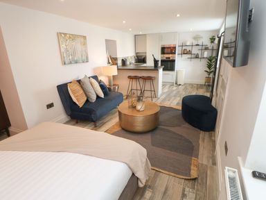 A living area with a bed a sofa and a kitchen in the background at The Beach Apartment in South Shields