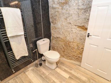 A bathroom with a white toilet a black towel rack with towels a textured stone wall and a white door at The Beach Apartment in South Shields