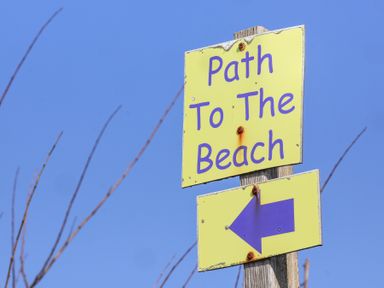 A yellow sign with purple text reading Path To The Beach and a left arrow on a wooden post against a blue sky at Atlantic Escape in Widemouth Bay
