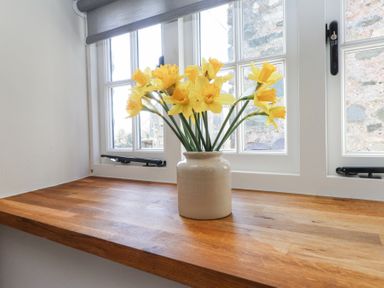 A vase with yellow flowers on a wooden windowsill at Cwt Mochyn in Llanberis