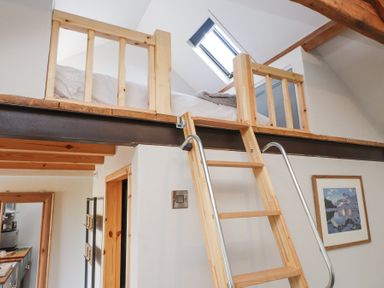 A wooden ladder leading to a loft bed with wooden railing and a skylight window in an attic room at Cwt Mochyn in Llanberis