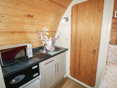 A kitchenette with a microwave a sink a vase of flowers a safe a cabinet and a wooden door at Chantelles in Holbeach
