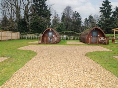 Two wooden pod cabins with porches on grass with a gravel path and trees in the background at Charlottes in Holbeach