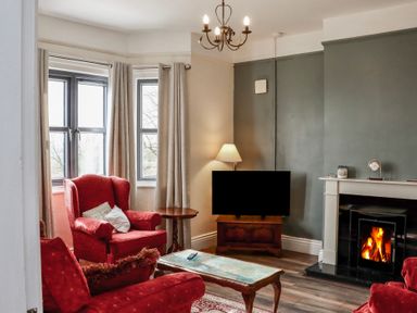 A living room with red armchairs a fireplace with fire a television on a wooden cabinet and windows with curtains at Heatherbell House Ballyhoura near Buttevant