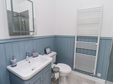 A bathroom with a sink cabinet mirror toilet towel radiator and partially blue paneled walls at West Burton Hemmel in Bamburgh