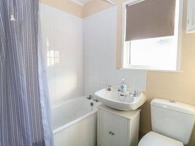 A bathroom with a bathtub and shower curtain a sink with hand soap and a toilet at Chalet 469 in Newport Norfolk