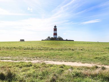 A lighthouse with red and white stripes surrounded by grassy fields at Breathing Space Happisburgh near Walcott
