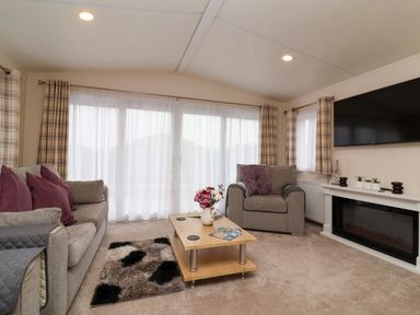 A living room with sofas a coffee table rug and a wall mounted television at Lodge 36 - Kingfisher Lodge in Wickhamford near Evesham
