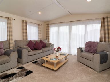 A living room with grey sofas and purple cushions a wooden coffee table with flowers on it and plaid curtains at Lodge 36 - Kingfisher Lodge in Wickhamford near Evesham