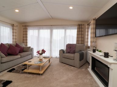A living room with sofas a coffee table with flowers and a fireplace at Lodge 36 - Kingfisher Lodge in Wickhamford near Evesham