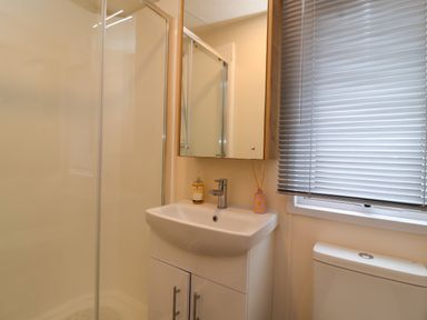 A bathroom with a shower enclosure sink cabinet mirror window with blinds and a toilet at Lodge 36 - Kingfisher Lodge in Wickhamford near Evesham
