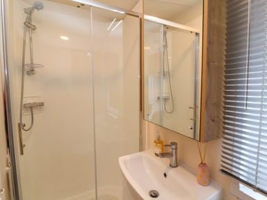 A bathroom with a shower enclosure a sink with a faucet a mirrored cabinet and a window with blinds at Lodge 36 - Kingfisher Lodge in Wickhamford near Evesham