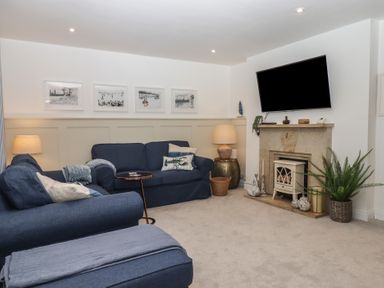 A living room with blue sofas, a wall-mounted TV above a fireplace, lamps, artwork above the sofa, and a plant near the fireplace at Pie Cottage in Teignmouth
