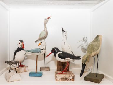A collection of wooden bird sculptures displayed on shelves at Pie Cottage in Teignmouth