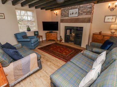A living room with sofas a blue armchair a television a fireplace and a patterned rug at Timberwick Green in Akeld near Wooler