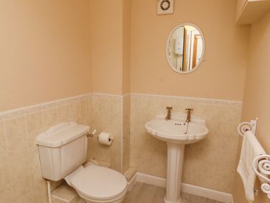 A bathroom with a toilet a pedestal sink a mirror and a towel rack at Timberwick Green Akeld near Wooler