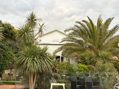 An outdoor garden area with palm trees chairs and a small table in front of a white house at Delmonte Lodge in Torquay