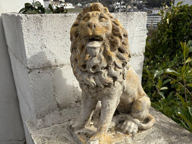 A stone lion statue on a concrete surface with green plants and buildings in the background at Delmonte Lodge in Torquay