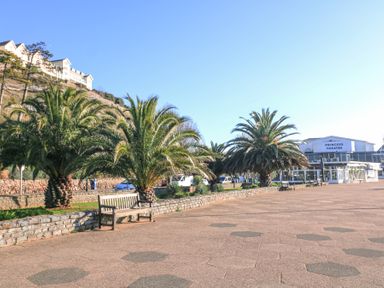 A paved outdoor area with benches palm trees and a building labeled Princess Theatre