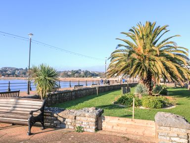 A waterfront park with benches palm trees and lamp posts at Delmonte Lodge in Torquay