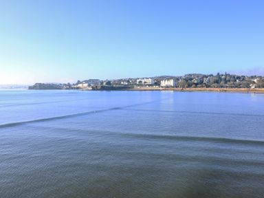 A coastal view with buildings and trees along the shore at Delmonte Lodge in Torquay