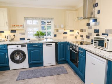 A kitchen with blue cabinets washing machine dishwasher oven and microwave at Little Acorns in Gweek