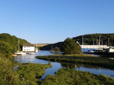 A river with boats docked near a white building and grassy banks at Little Acorns in Gweek