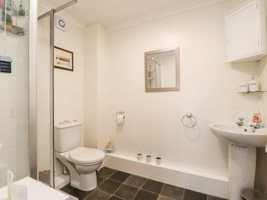 A bathroom with a toilet sink mirror shower and storage cabinet at Arnside House South Lakeland Leisure Village