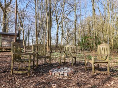 Four wooden chairs arranged around a stone fire pit in a forest clearing with a wooden hut nearby at Woodlands Retreat Shepherd's Hut Brundish near Laxfield