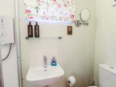 A bathroom with a sink and shower at Woodlands Retreat Shepherd's Hut in Brundish near Laxfield