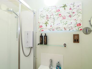 A bathroom with a shower and sink at Woodlands Retreat Shepherd's Hut in Brundish near Laxfield