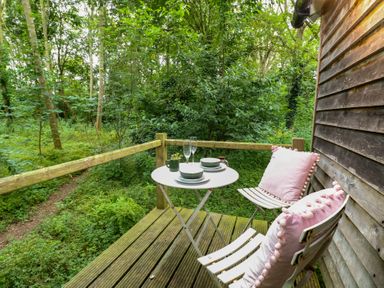 An outdoor seating area with a table and chairs at Woodlands Retreat Shepherd's Hut in Brundish near Laxfield