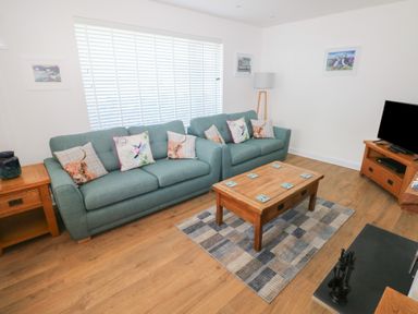 A living room with two green sofas and a wooden coffee table on a rug at Arfryn in Solva