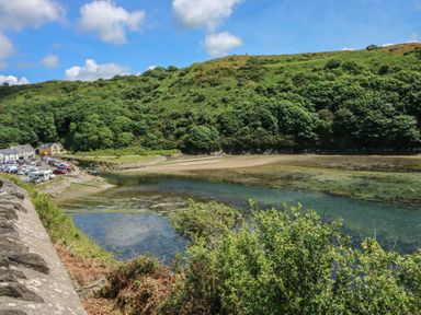 A river with clear water beside a parking area and houses near a green hill at Arfryn in Solva