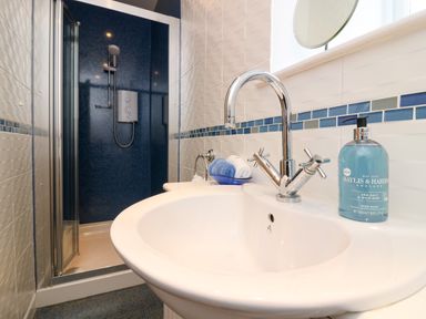 A bathroom sink with a chrome faucet and hand wash bottle next to a shower with a glass door at Dromore Cottage in Norham