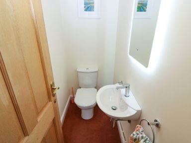 A small bathroom with a toilet sink mirror and towel ring at Dromore Cottage in Norham