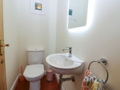 A small bathroom with a toilet sink mirror and towel at Dromore Cottage in Norham
