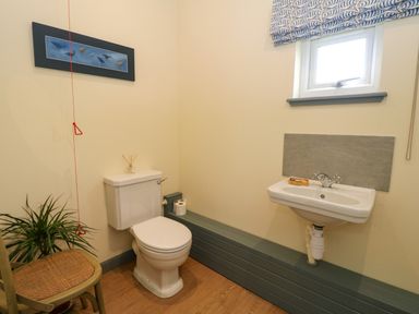A bathroom with a toilet a sink a small window and a chair with a plant at WildLuing Cullipool Isle Of Luing