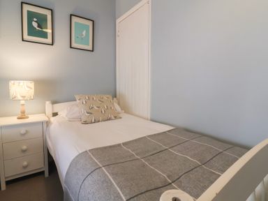 A bedroom with a single bed bedside table and lamp and bird pictures on the wall at Dragon House in Bilbrook near Minehead